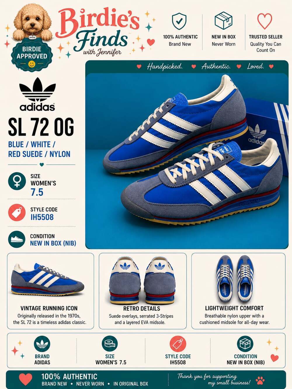Adidas SL 72 OG Blue/White/Red Sneakers Size 7.5